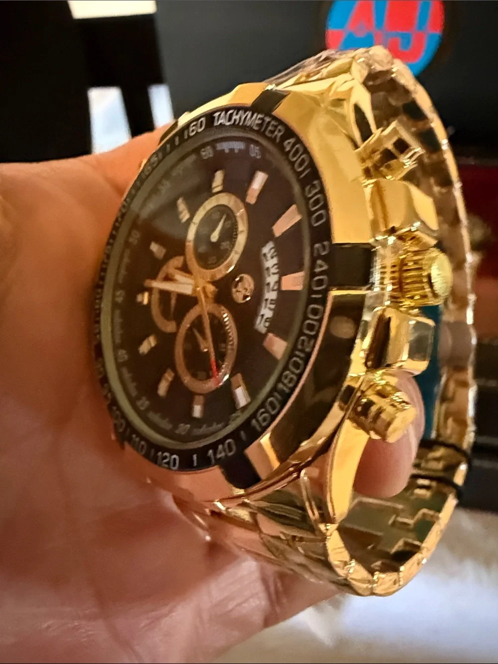 AJ Collection 48 amp Gold-Tone Chronograph Wristwatch with Black Dial